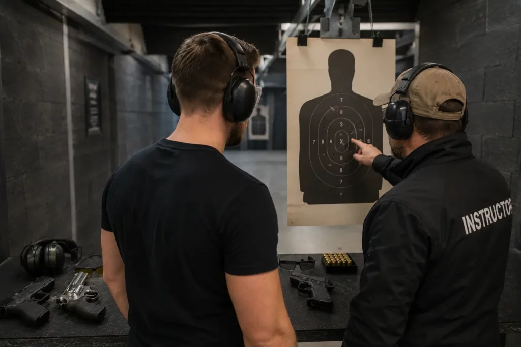 Participant checking his target during a 4 Gun Shooting session in Budapest