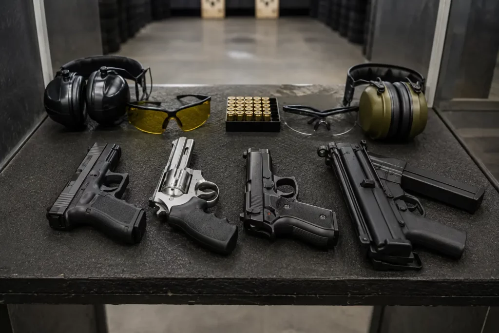 Four firearms prepared for a supervised 4 Gun Shooting package in Budapest
