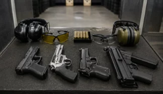 Four firearms prepared for a supervised 4 Gun Shooting package in Budapest