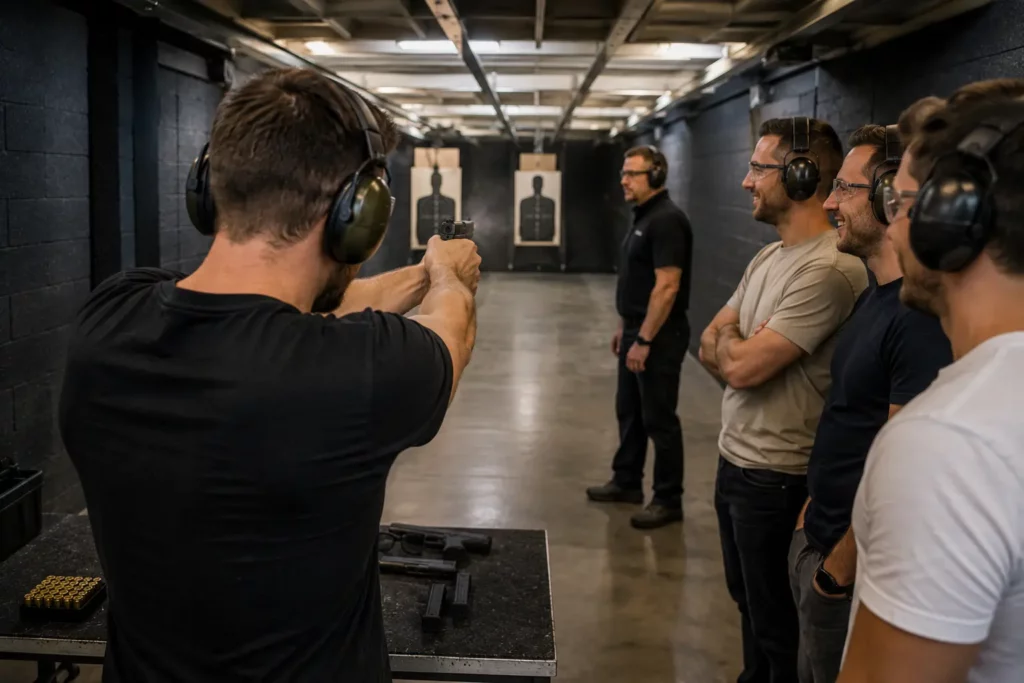 Stag group taking part in a supervised 4 Gun Shooting session in Budapest