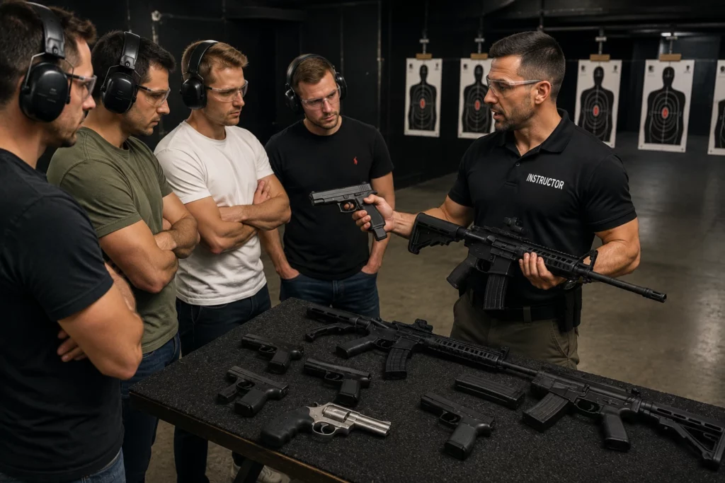 Instructor presenting different firearms included in a 6 Gun Shooting package in Budapest