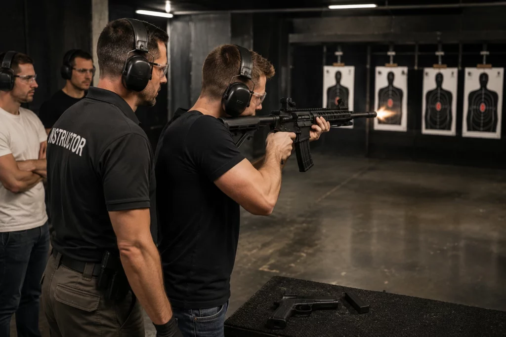 Participant firing a tactical rifle during a supervised 6 Gun Shooting session in Budapest