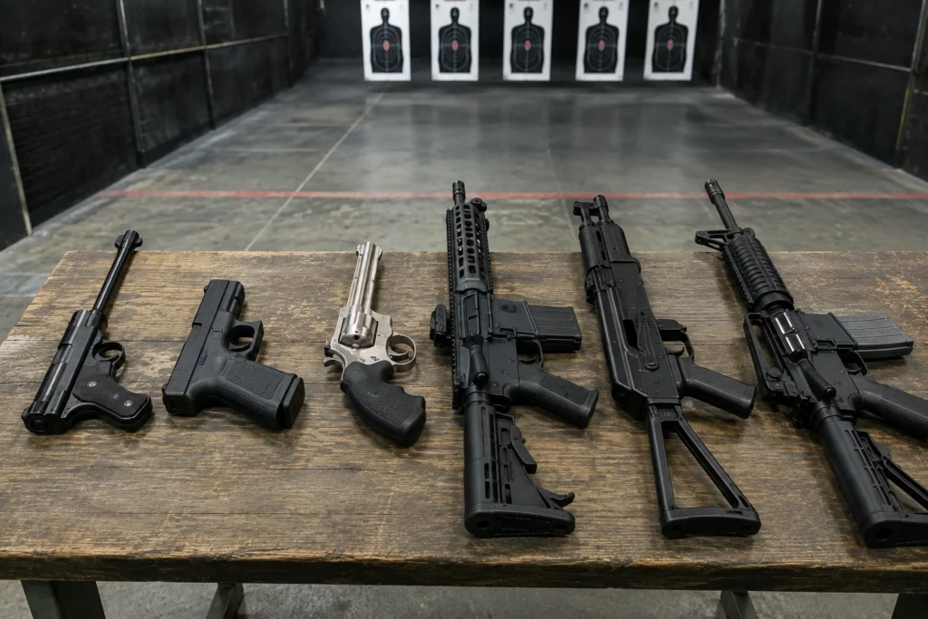 Six firearms prepared for a supervised 6 Gun Shooting package in Budapest