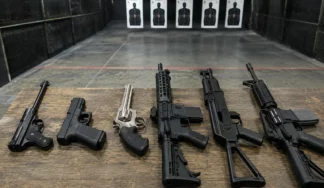Six firearms prepared for a supervised 6 Gun Shooting package in Budapest