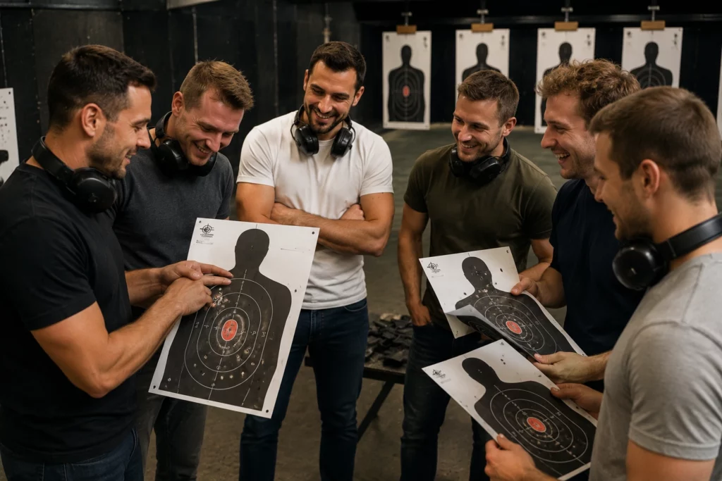 Stag group comparing targets after a 6 Gun Shooting session in Budapest