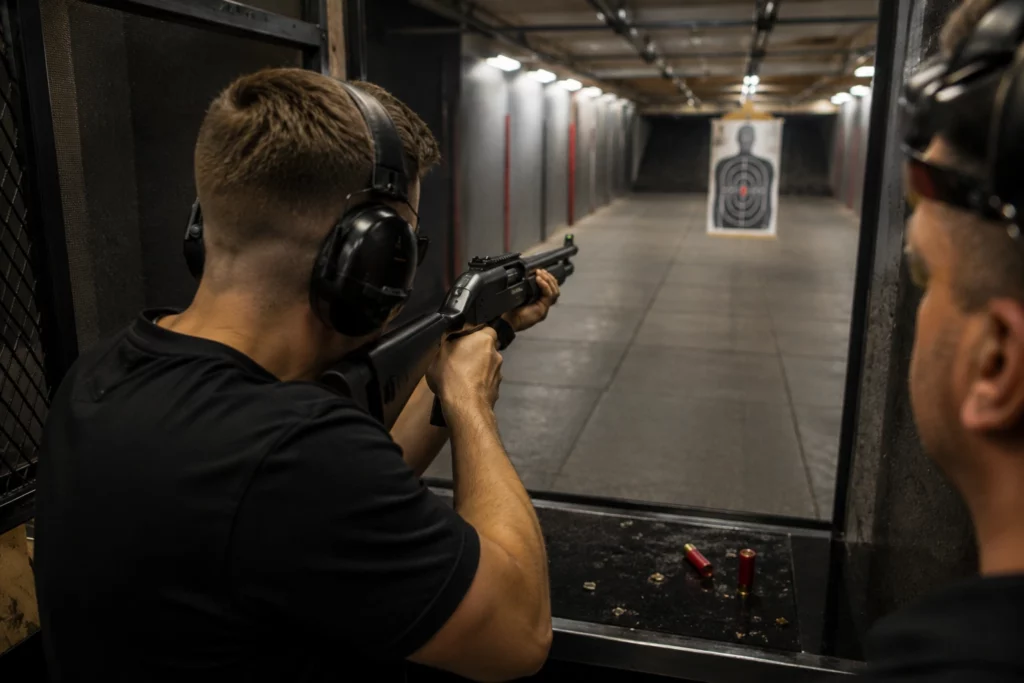 Participant shooting a Benelli M4 Super 90 during a private transfer shooting package in Budapest