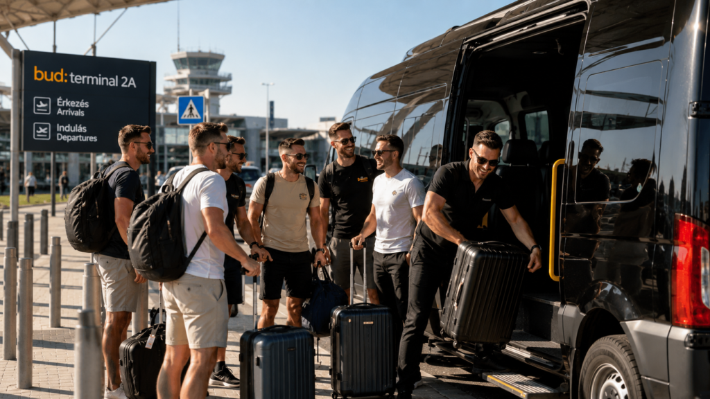 Stag group boarding a private minibus for their Budapest Airport transfer