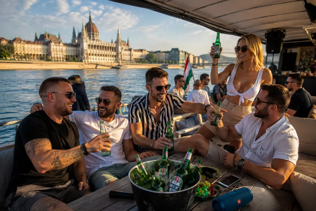 Group enjoying unlimited beer on board a Budapest beer cruise