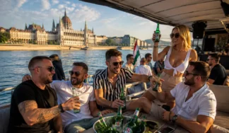 Group enjoying unlimited beer on board a Budapest beer cruise