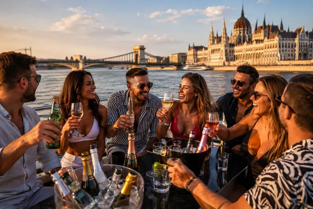 Group enjoying a selection of drinks on a Budapest booze cruise on the Danube