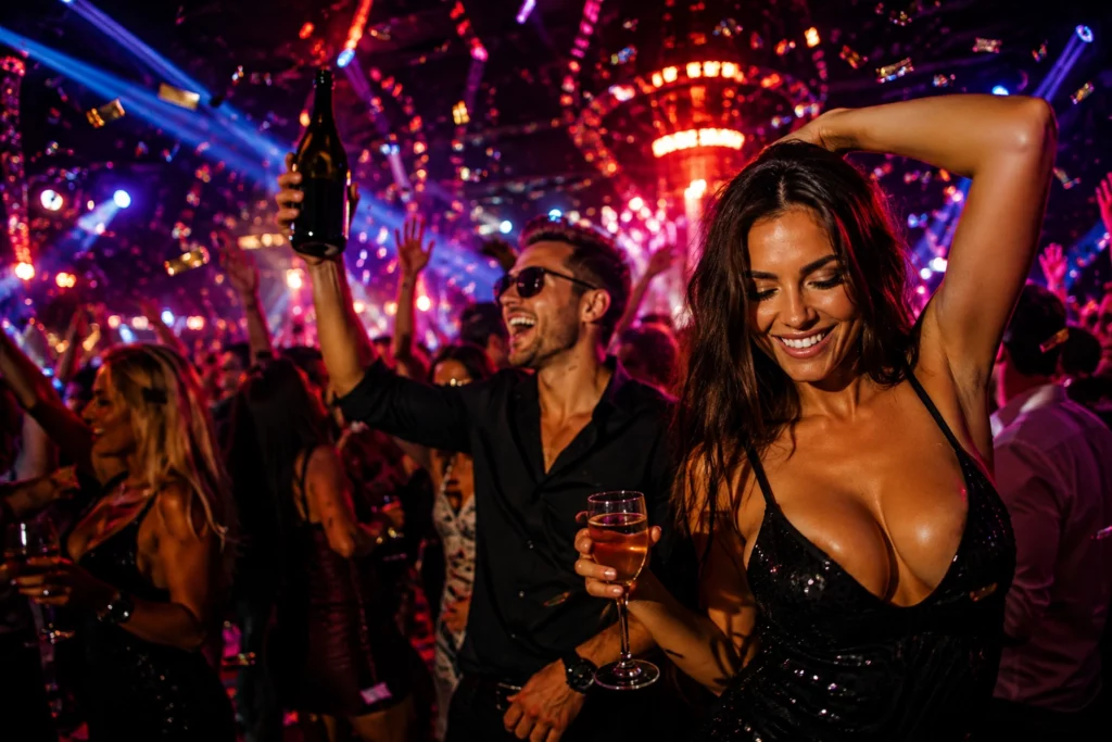 Group partying together at a nightclub in Budapest