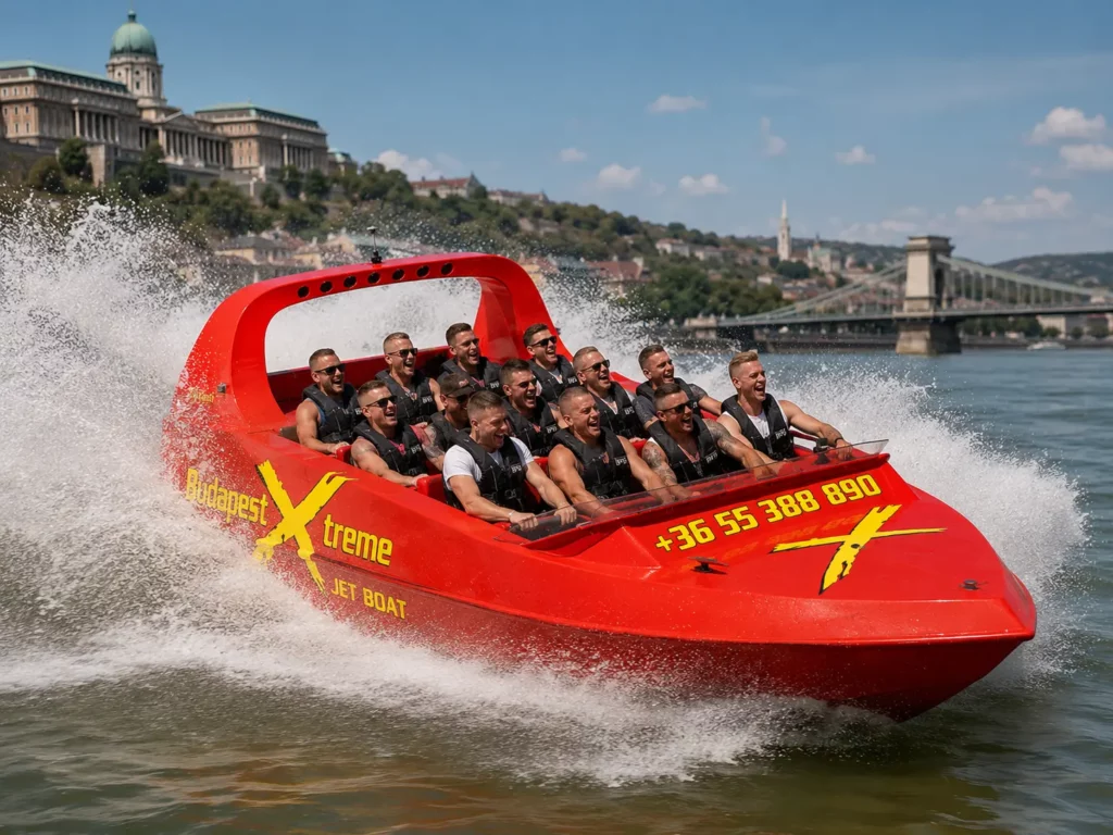 High-speed jet boat ride on the Danube in Budapest with passengers and water spray