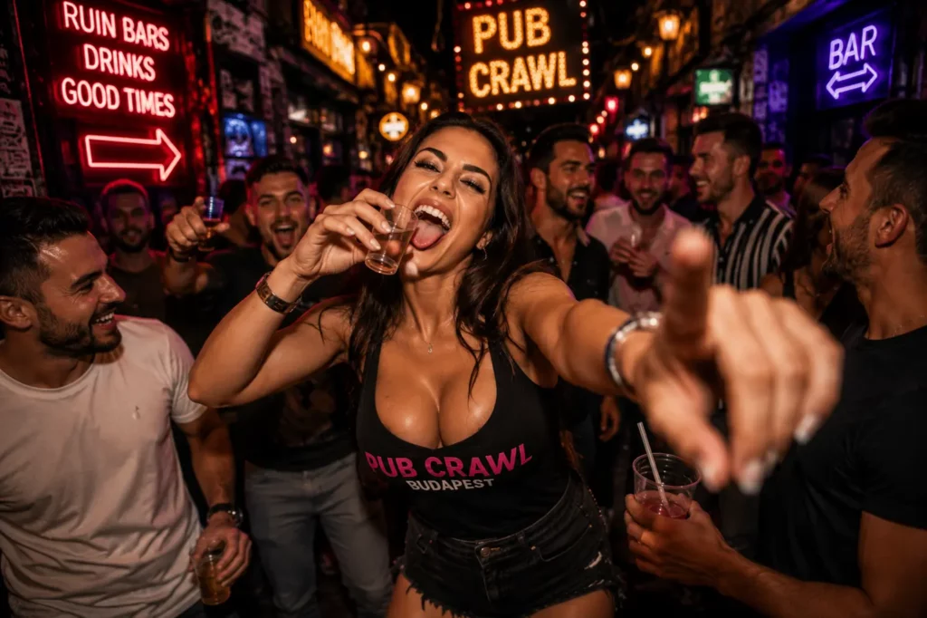 Party hostess leading a bachelor party group during a lively pub crawl in Budapest's nightlife district
