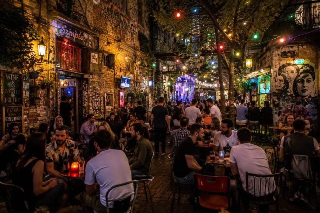 Guests enjoying the vibrant atmosphere of a Budapest ruin bar courtyard on a summer evening