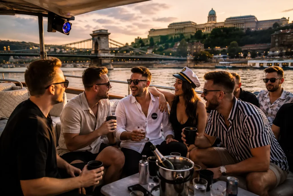 Groom and friends enjoying a stag boat cruise on the Danube in Budapest