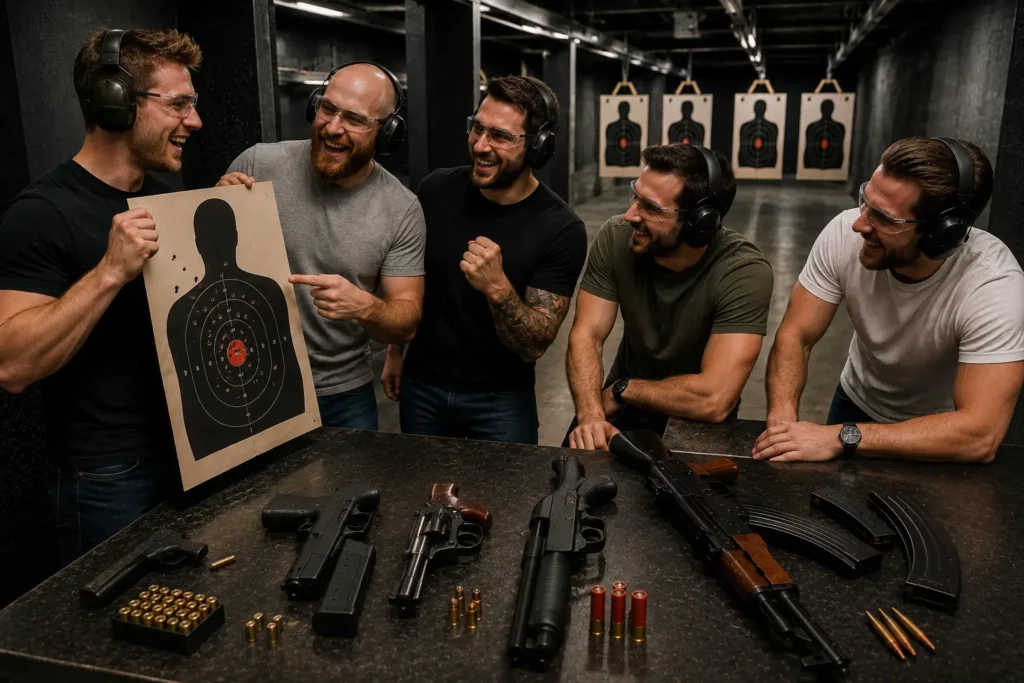 Budapest stag do group comparing targets after a target shooting session
