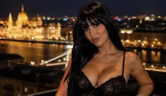 Female performer for a private Budapest stripper service with Parliament in the background
