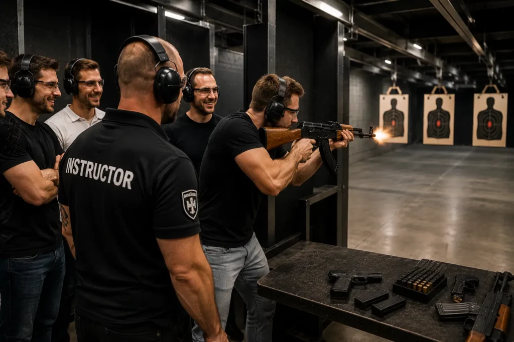 Budapest target shooting session with stag group firing an AK-47 under instructor supervision