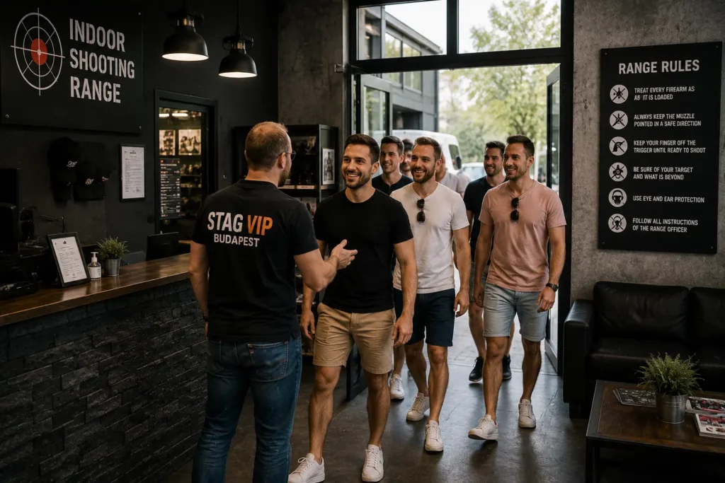 Stag group arriving for a target shooting session at an indoor range in Budapest