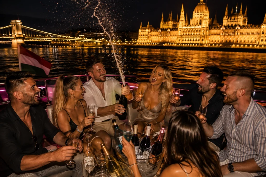 Champagne and prosecco cruise in Budapest with a group celebrating on the Danube