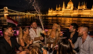 Champagne and prosecco cruise in Budapest with a group celebrating on the Danube