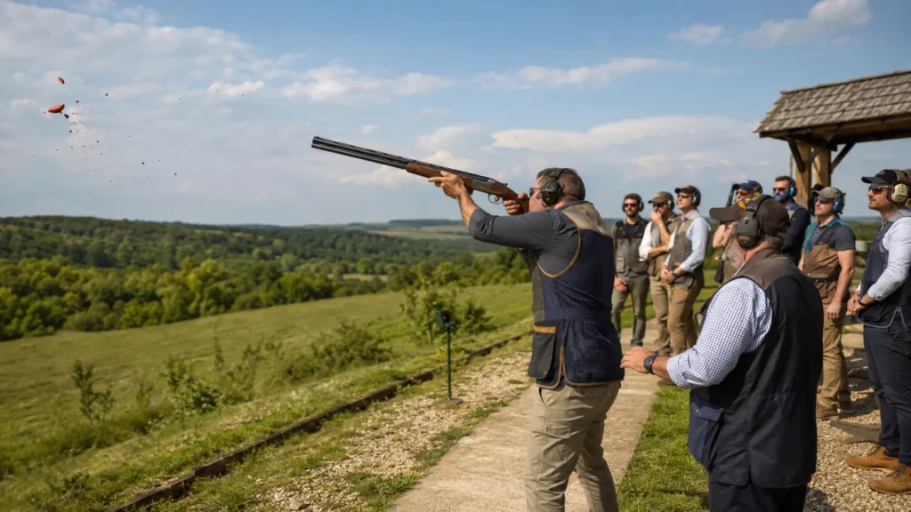Stag group competing at an outdoor clay pigeon shooting range near Budapest