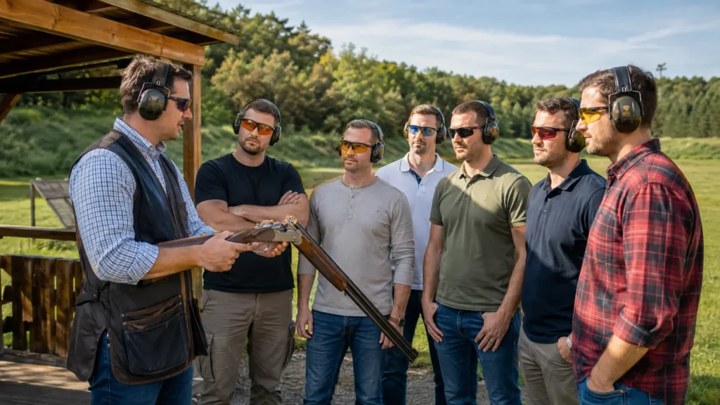 Professional clay pigeon shooting safety briefing for a stag group in Budapest