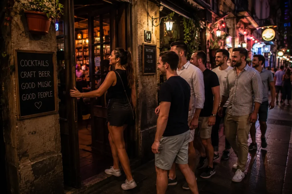Female guide leading a bachelor party group into one of Budapest's hidden nightlife venues