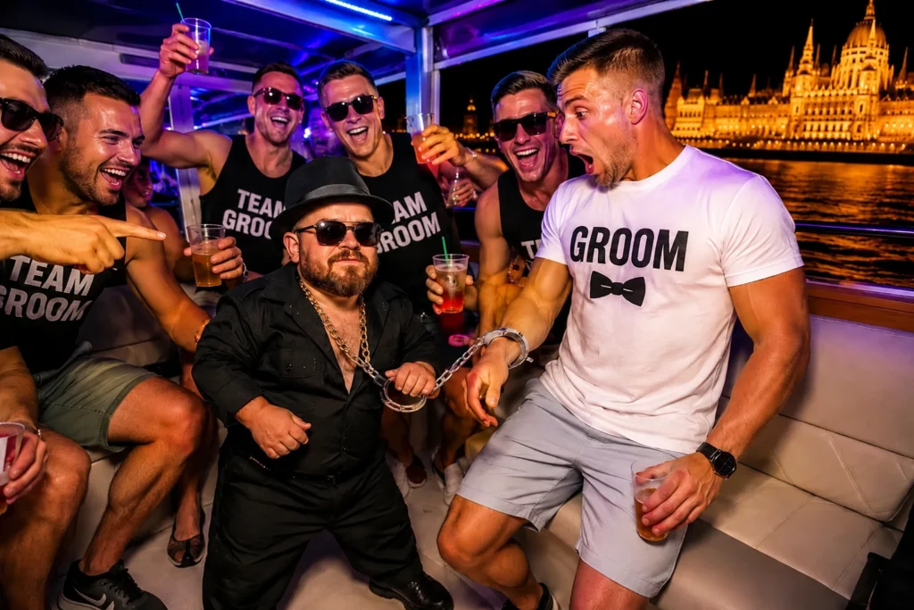 Dwarf boat cruise in Budapest with a handcuff prank for the stag