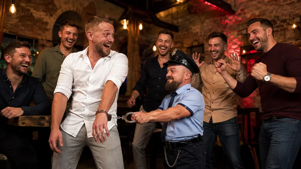 Dwarf performer surprising a laughing groom with handcuffs during a Budapest stag party