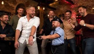 Dwarf performer surprising a laughing groom with handcuffs during a Budapest stag party