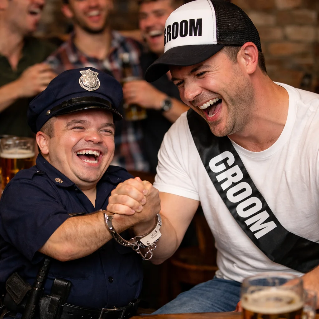 Dwarf handcuff prank in Budapest with a laughing groom and a police themed dwarf performer in a pub, a fun stag do surprise moment for bachelor groups.