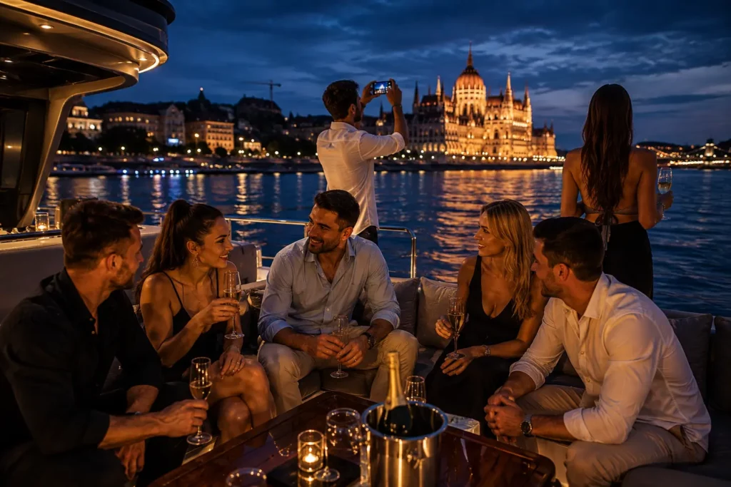 Friends relaxing on an exclusive private boat cruise on the Danube with Budapest's illuminated Parliament in the background