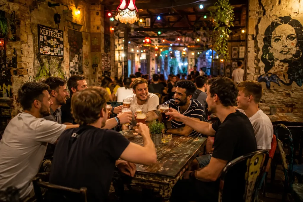 Bachelor party group enjoying drinks inside a famous Budapest ruin bar during a guided pub crawl