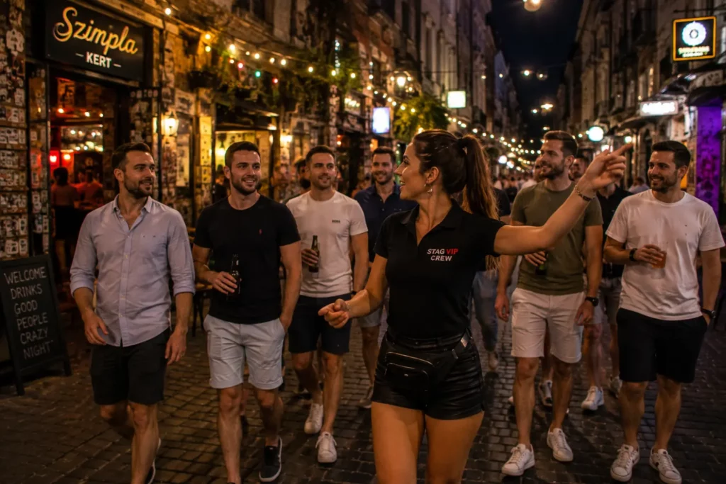 STAG VIP hostess leading a bachelor party group through Budapest's famous nightlife district