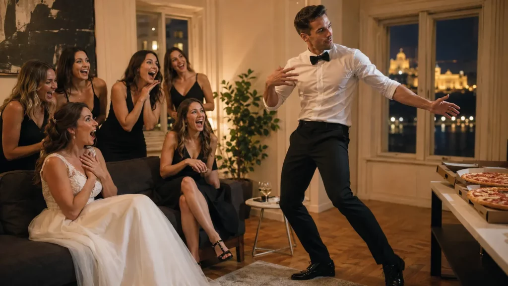 Hot man pizza delivery entertainer performing for a Budapest hen group