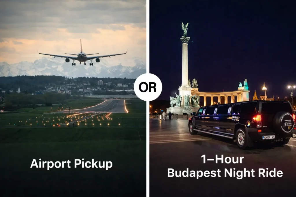 Hummer Limo Budapest comparison image showing two options, airport pickup with a landing plane, or a 1-hour Budapest night ride with a Hummer limousine in the city at night.