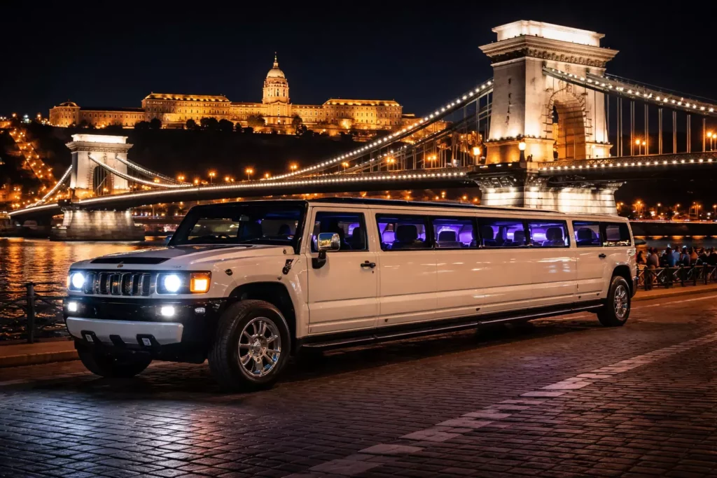 Hummer Limo Budapest driving by the Danube at night with the Chain Bridge and Buda Castle lit up in the background, white stretch Hummer limousine ideal for an airport pickup or a 1-hour Budapest night ride.