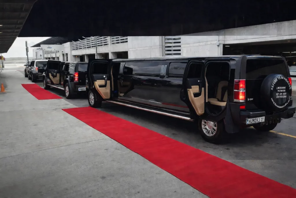 Hummer Limo Budapest lineup showing several stretch Hummer limousines in different lengths, highlighting multiple limo size options for different group sizes.