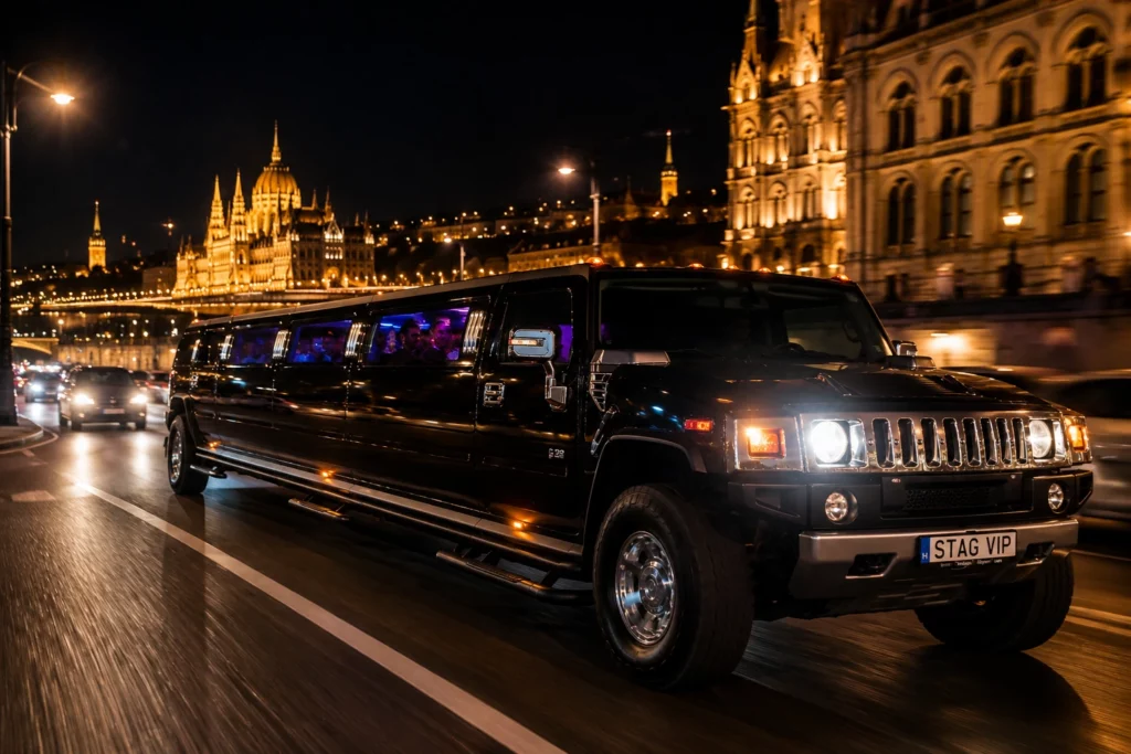 Hummer limo city ride through Budapest at night