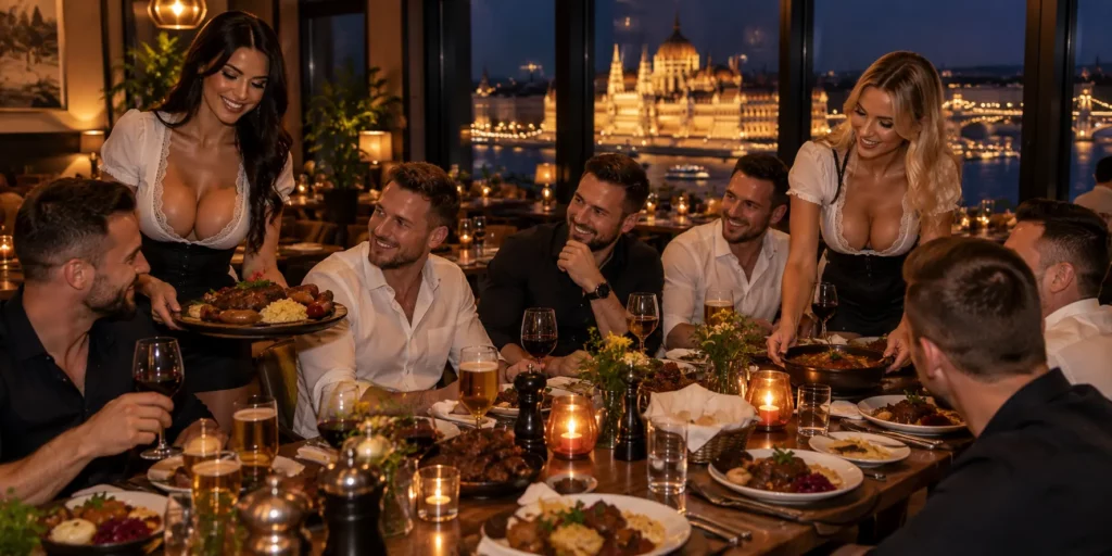 Stag group enjoying a traditional Hungarian dinner in a private Budapest restaurant room.