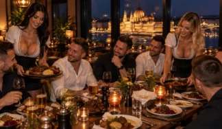 Stag group enjoying a traditional Hungarian dinner in a private Budapest restaurant room.