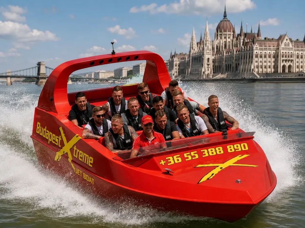 Jet boat ride on the Danube in Budapest with a group passing the Hungarian Parliament
