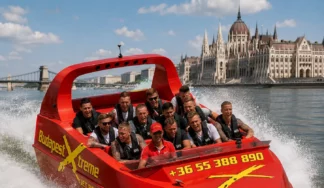 Jet boat ride on the Danube in Budapest with a group passing the Hungarian Parliament