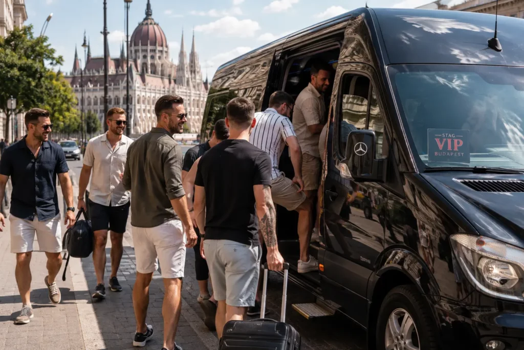 Stag group leaving for activities during a last minute stag do in Budapest