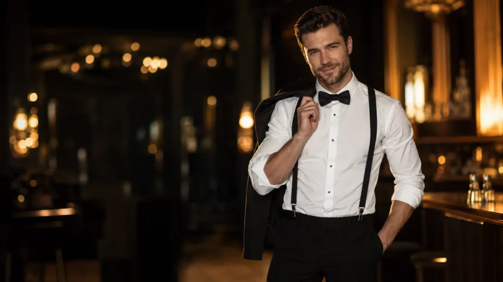 Male stripper in Budapest wearing a bow tie for a hen party
