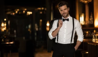 Male stripper in Budapest wearing a bow tie for a hen party