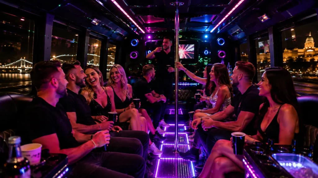 Party bus interior in Budapest with music and group celebration