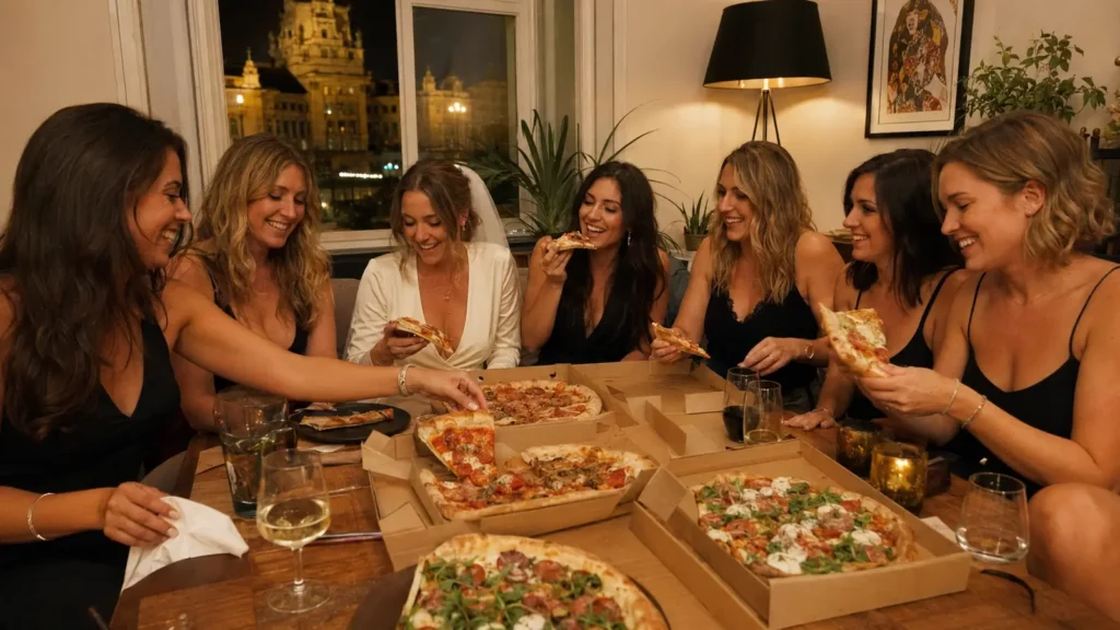 Hen party group enjoying delivered pizzas at their Budapest accommodation