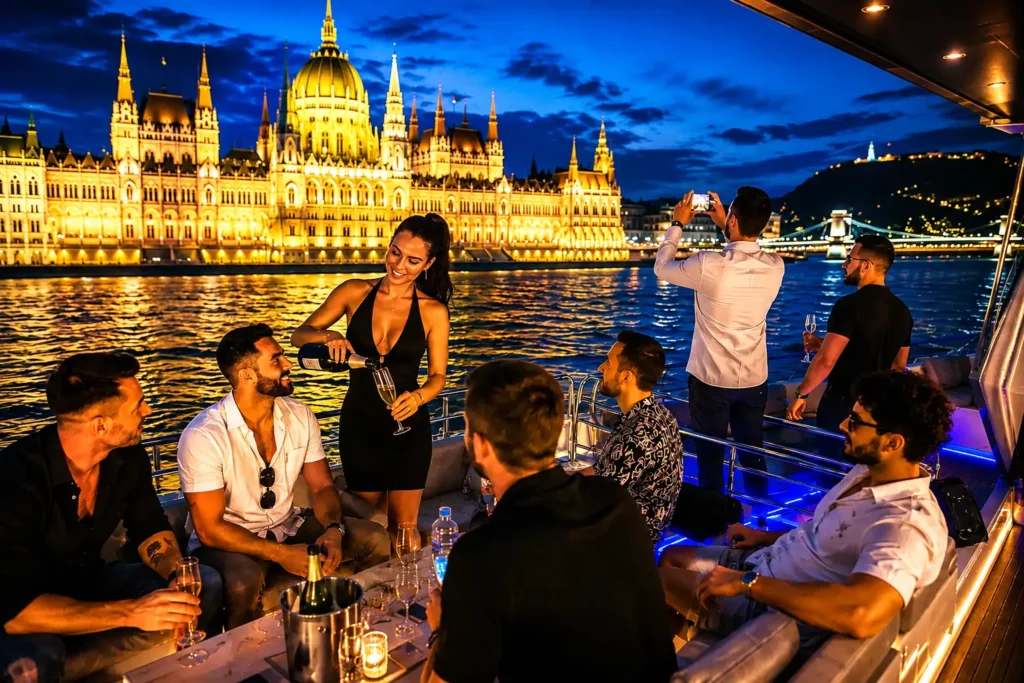 Private boat cruise in Budapest with a stag group and Parliament at night